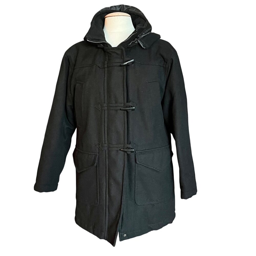 Hawke & Co Black‎ Hood Wool Blend Duffle Coat Zipper & Toggle Closure Sz L 14/16